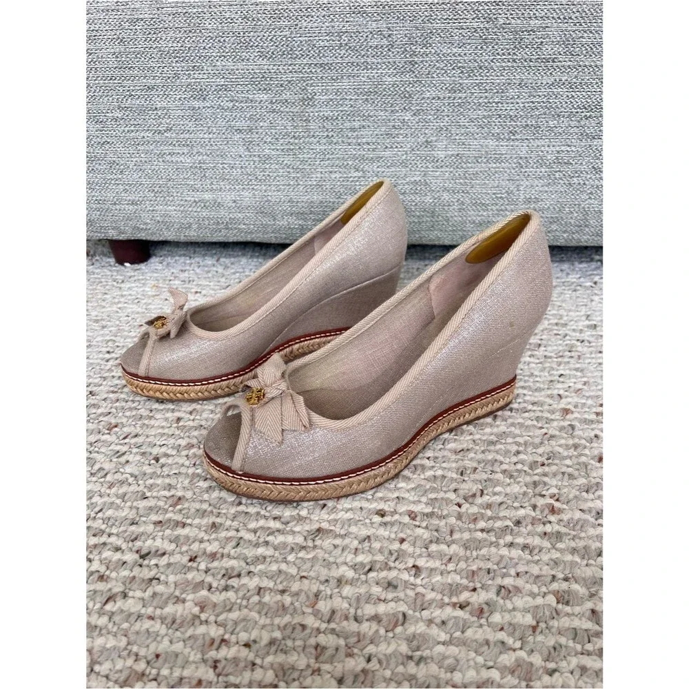 Tory Burch Jackie Canvas Bow Peep Toe Espadrille Wedges